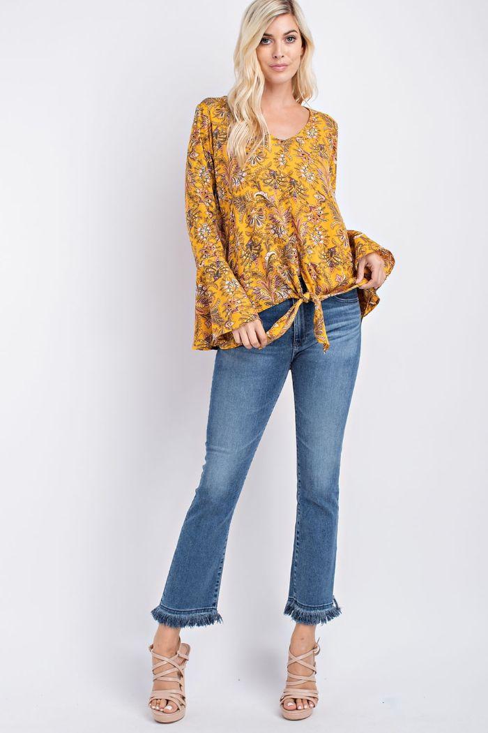 Golden yelolw w/floral front tie blouse Product Image