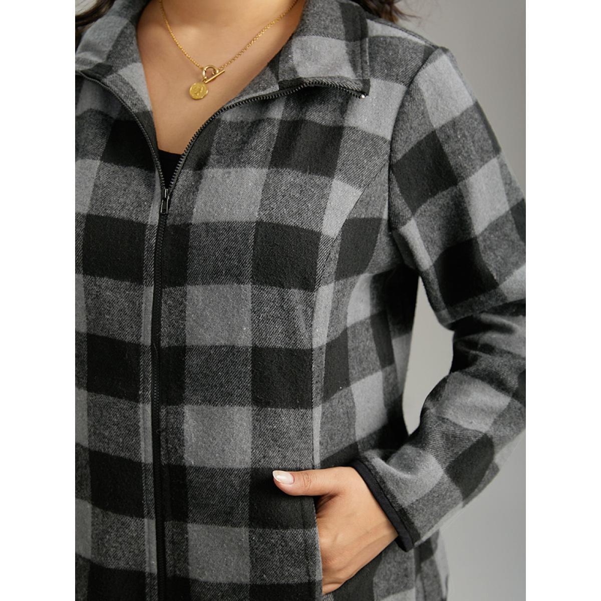 Plus Size Plaid Zipper Pocket Contrast Jacket Women DimGray Contrast Pocket Dailywear Jackets BloomChic 18-20/2X Product Image