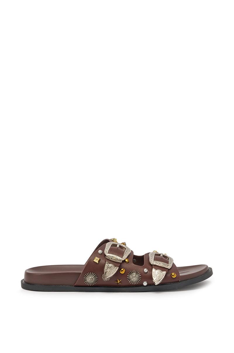 AKIRA BARCLAY BROWN METAL EMBELLISHED SLIP ON FLAT SANDAL Product Image