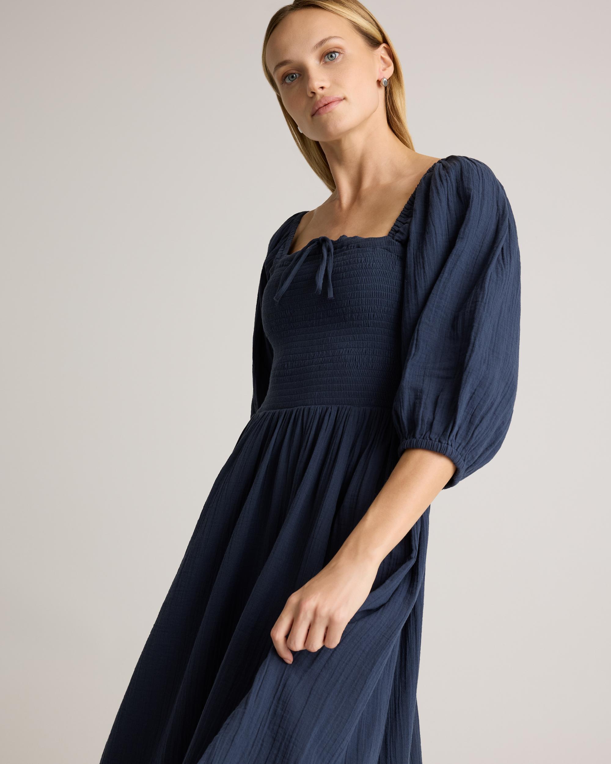Quince | Women's Gauze Smocked Square Neck Midi Dress Organic Cotton Product Image