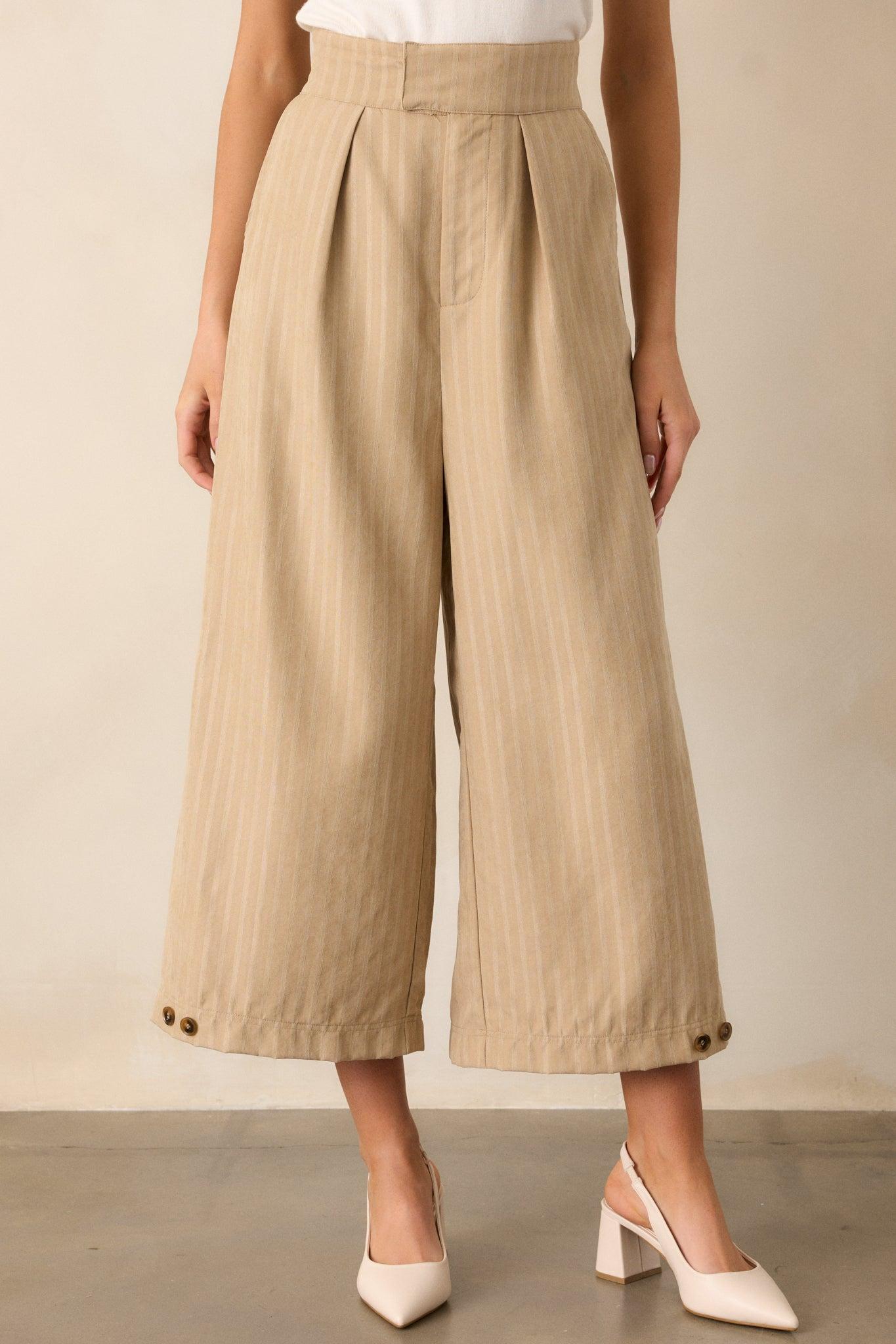 Get With It Tan Pinstripe Cropped Wide Leg Pants Product Image