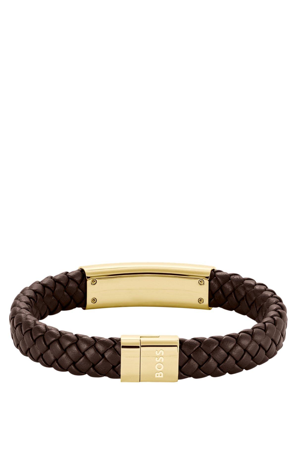 Brown braided-leather cuff with gold-tone logo plate Product Image