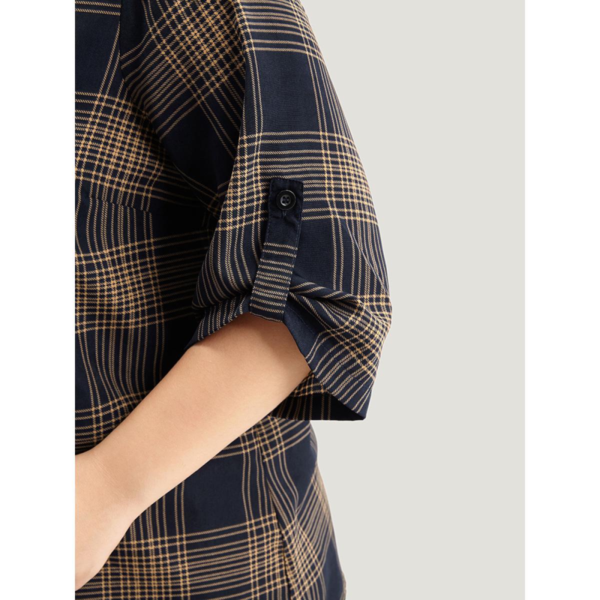 Plus Size Indigo Plaid Button Through Roll Tab Sleeve Blouse Women Office Half Sleeve V-neck Office Blouses BloomChic 18-20/2X Product Image