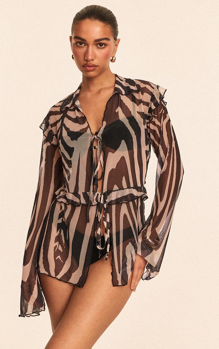 Black Zebra Printed Mesh Frilly Tie Front Beach Top Product Image