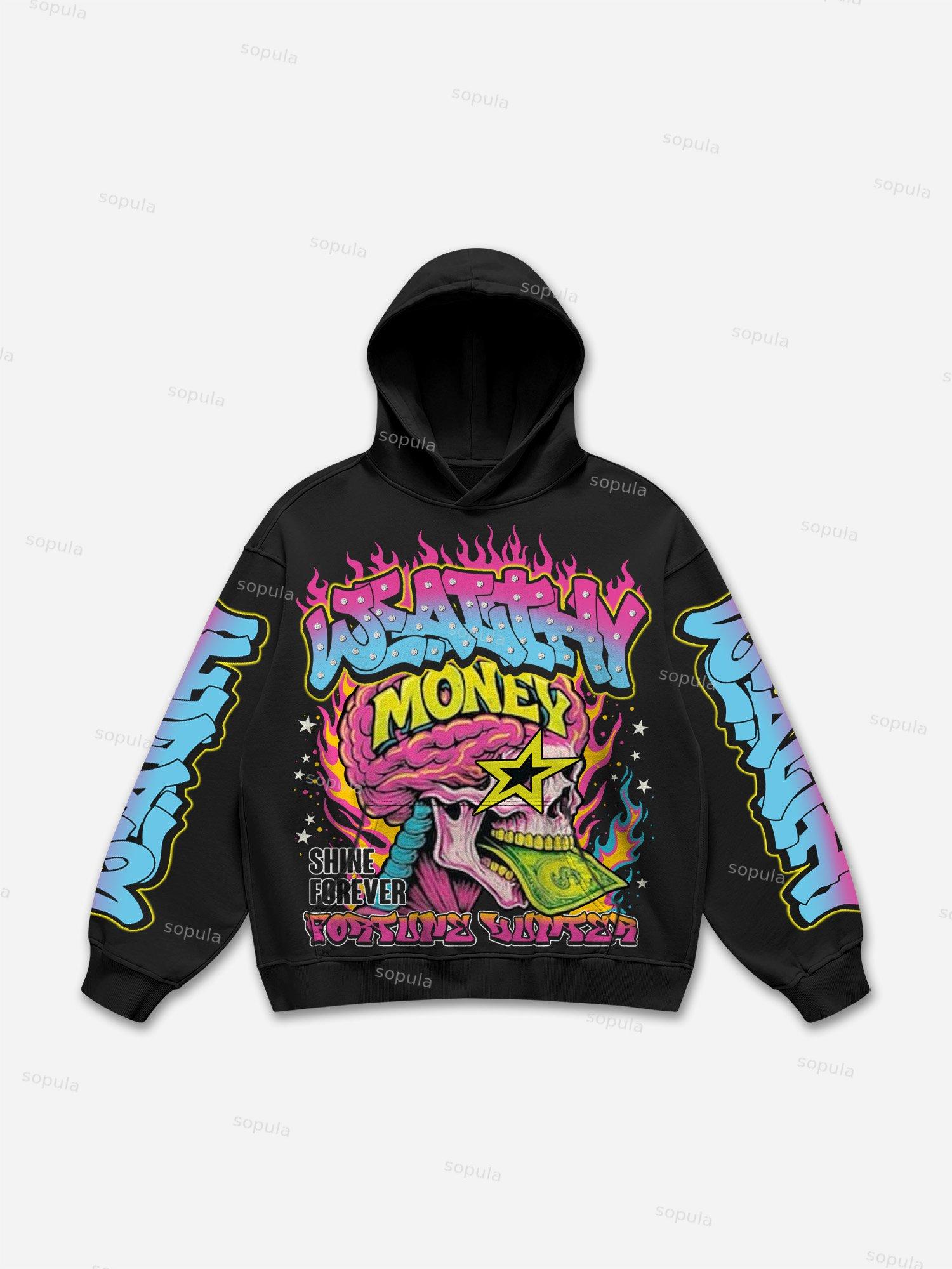 Wealthy Colorful Flame Money Skull Graphic Hoodie Product Image