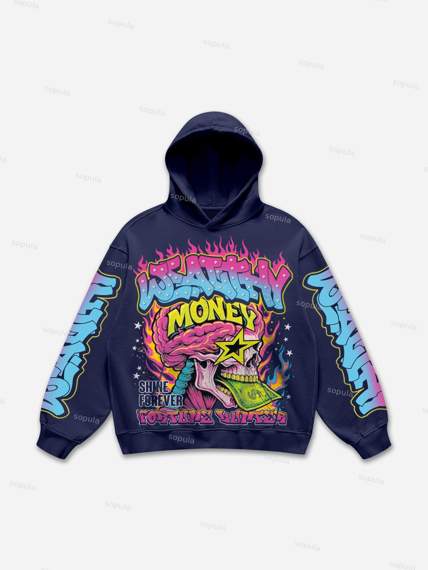 Wealthy Colorful Flame Money Skull Graphic Hoodie Product Image
