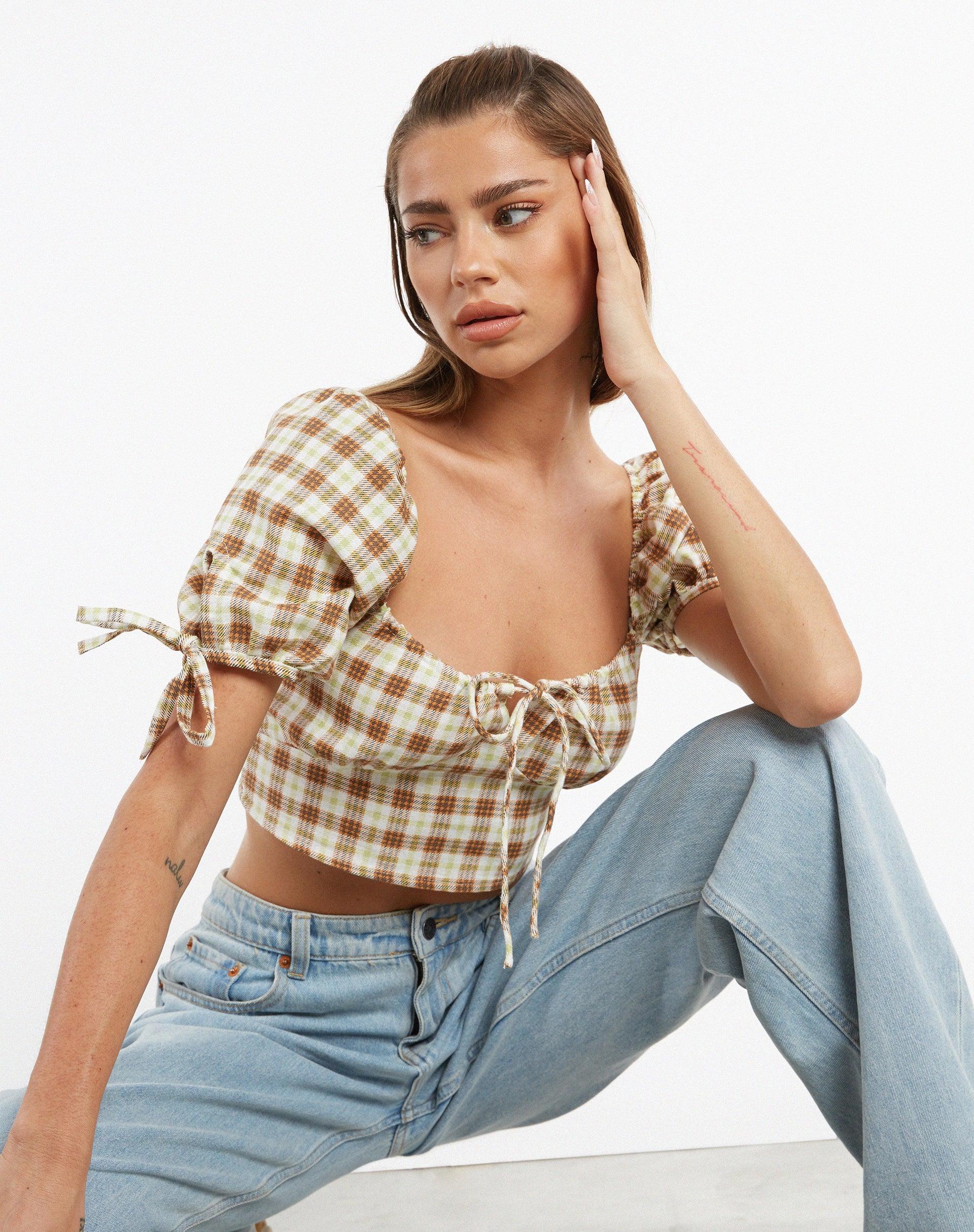 Auri Crop Top in Yellow Brown Check Product Image