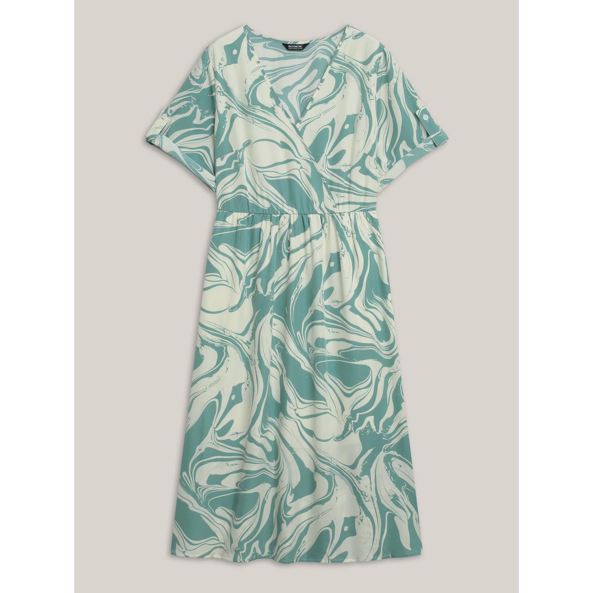 Plus Size Abstract Print Gathered Sleeve Midi Dress Mint Women Overlap Collar Short sleeve Curvy BloomChic 26/4X Product Image