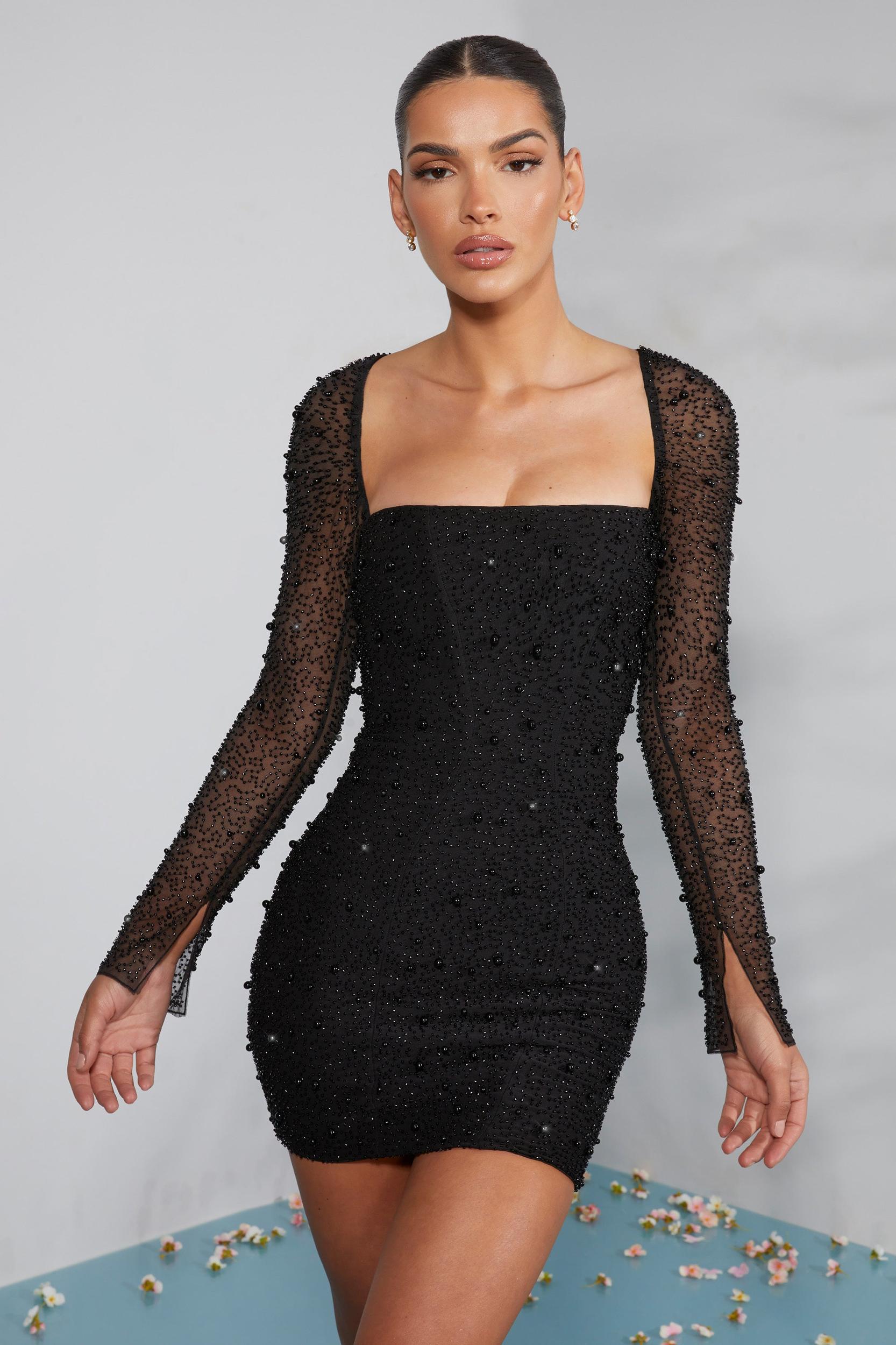 Long Sleeve Embellished Corset Mini Dress in Black Product Image