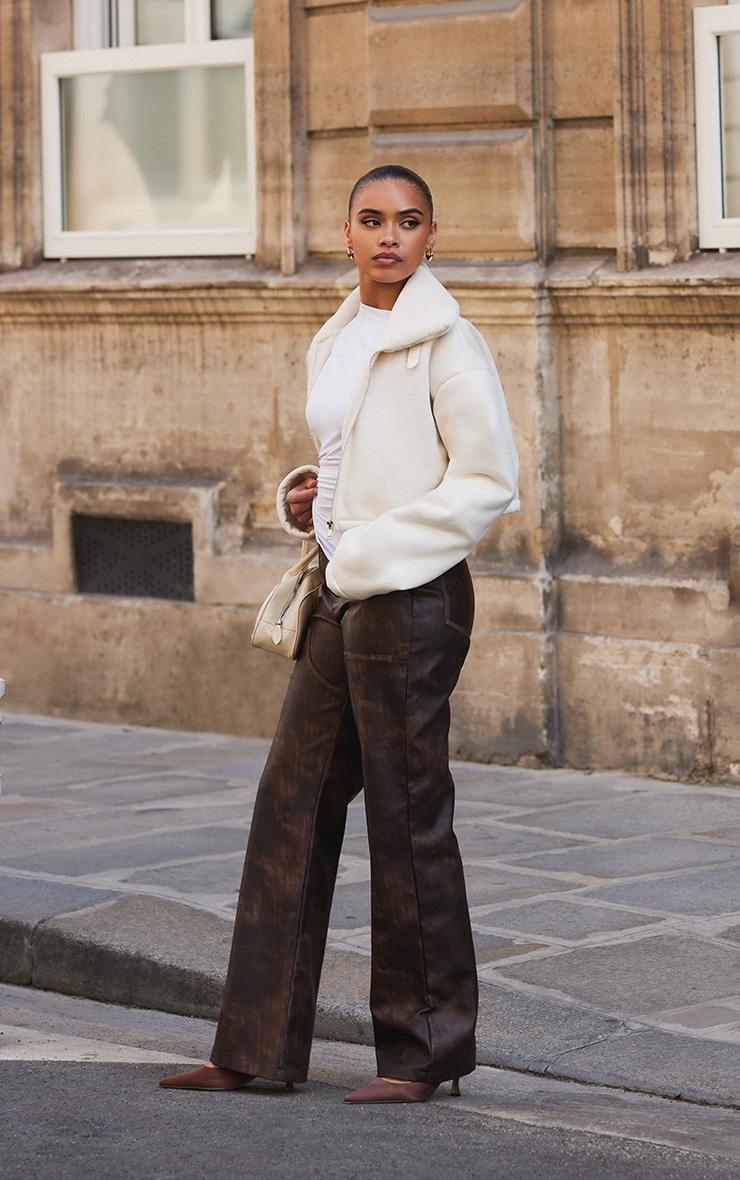 Cream Dropped Shoulder Cropped Fur Contrast Jacket Product Image