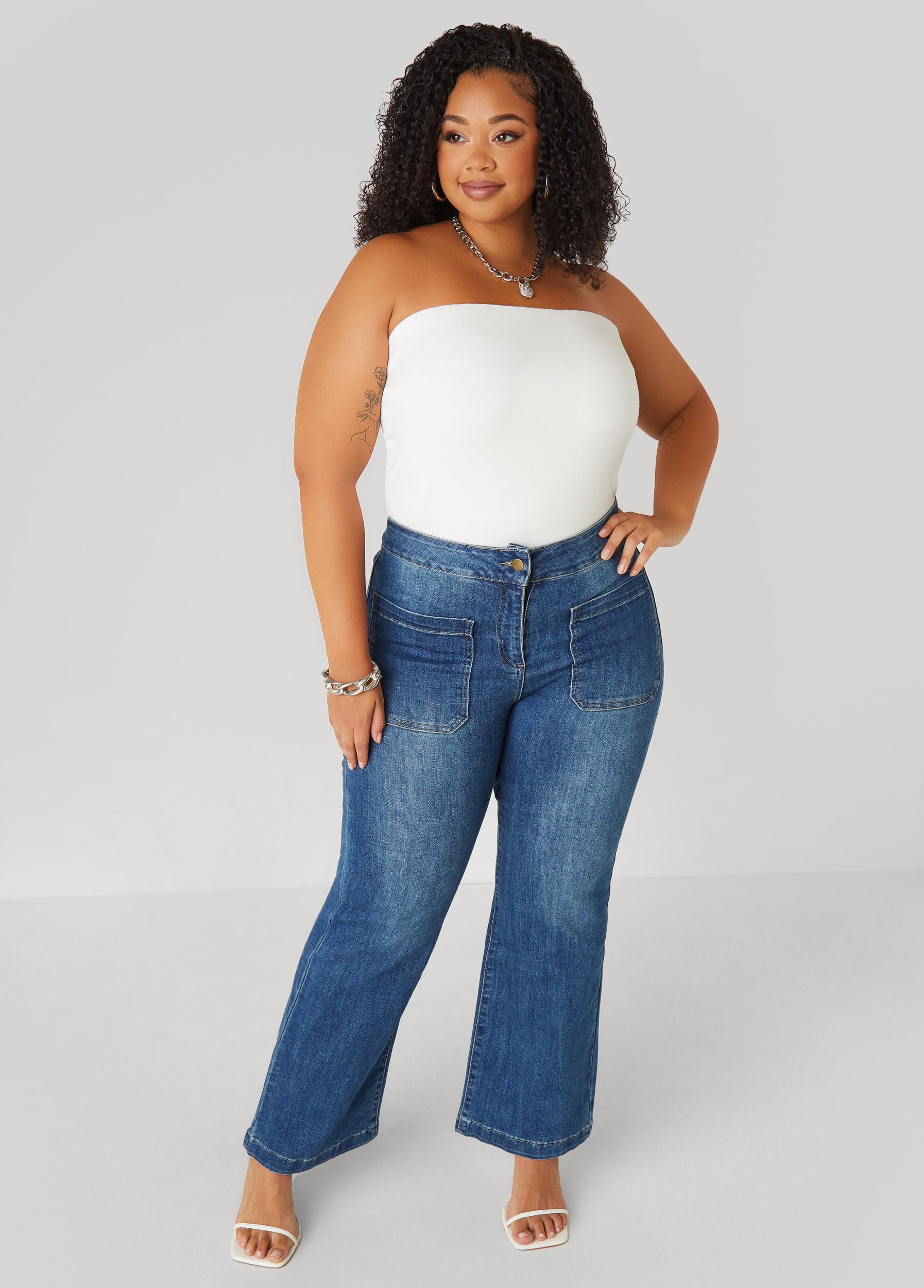 Plus Size Patch Pocket Flared Jeans Ashley Stewart Product Image