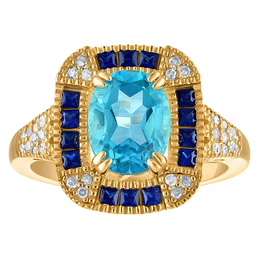 Tiara 14k Gold Plated Sterling Silver Blue Topaz & 1/6 Carat T.W. Diamond Ring, Women's, Size: 10, Gold Tone Product Image