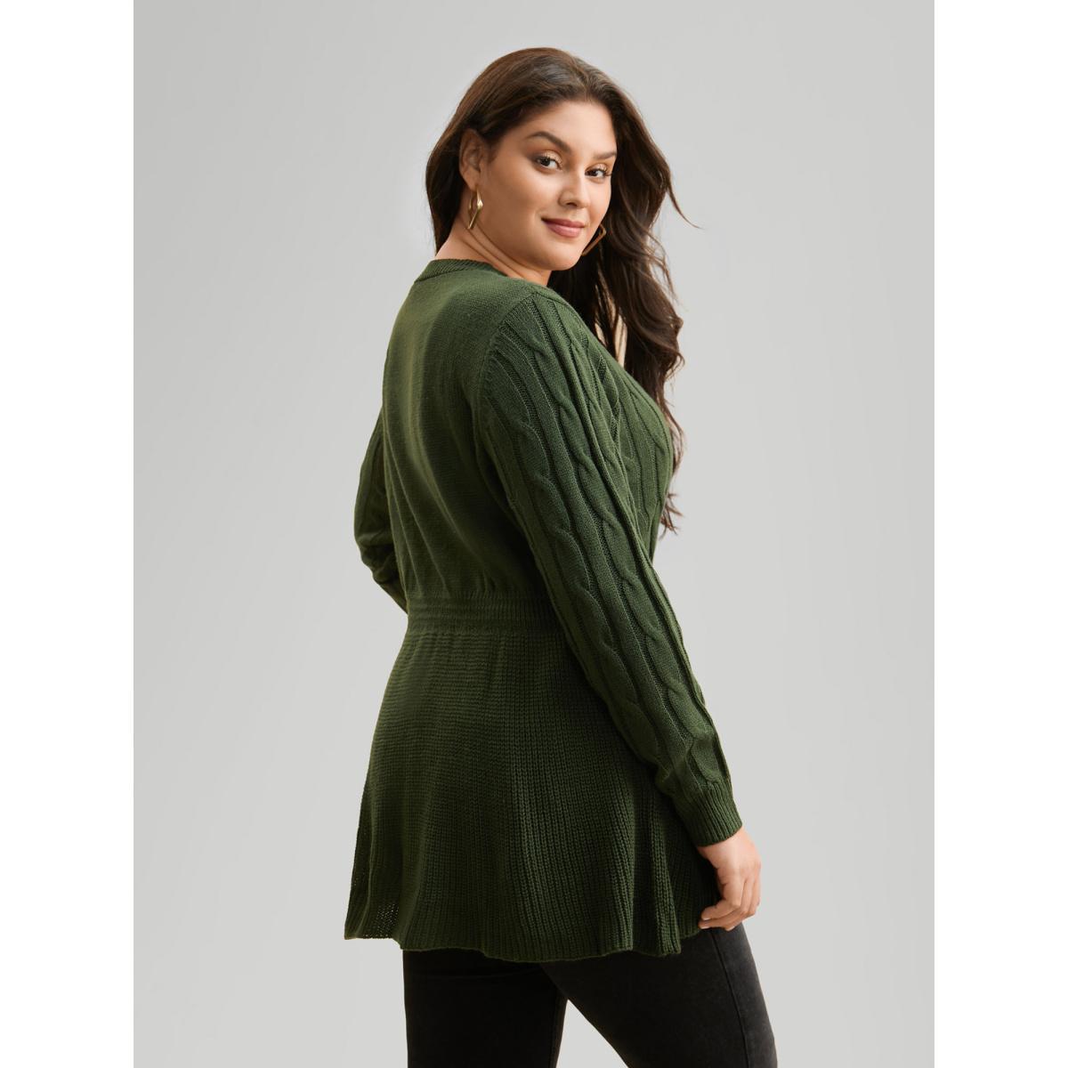 Plus Size Texture Cable Knit Button Detail Pullover ArmyGreen Women Timeless Bodycon Long Sleeve V-neck Elegant Pullovers BloomChic 12/L Product Image