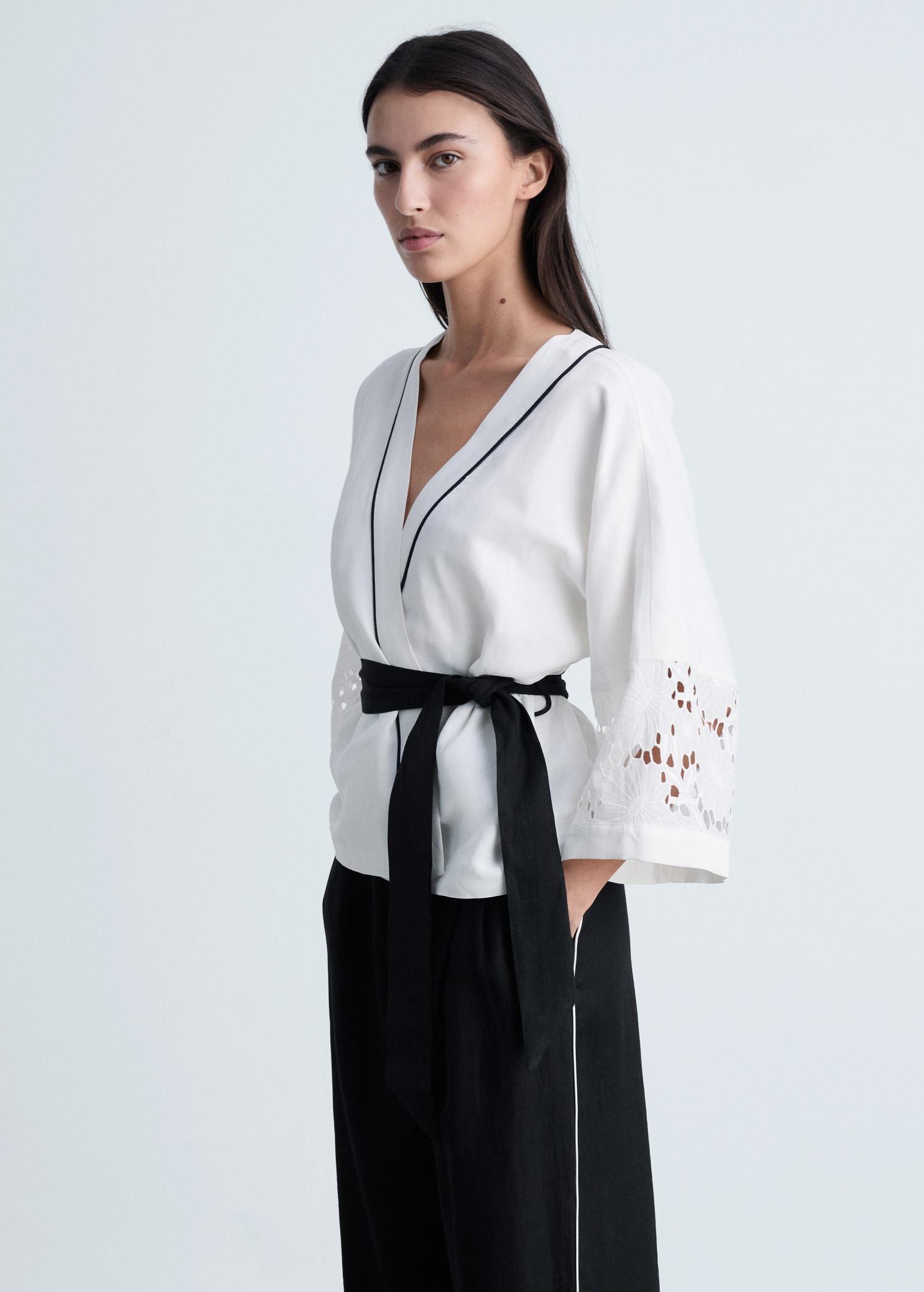 Contrast-stripe linen pants - Women | MANGO USA Product Image