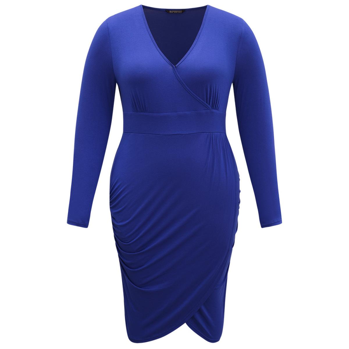 Plus Size Solid Wrap Hem Gathered Dress Blue Women Glamour Plain V-neck Long Sleeve Curvy Knee Dress BloomChic 12/L Product Image