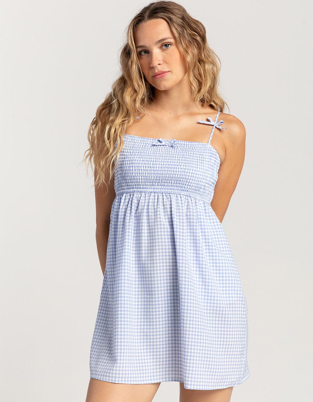 FULL TILT Gingham Womens Smock Babydoll Dress - BLUE/WHT Product Image