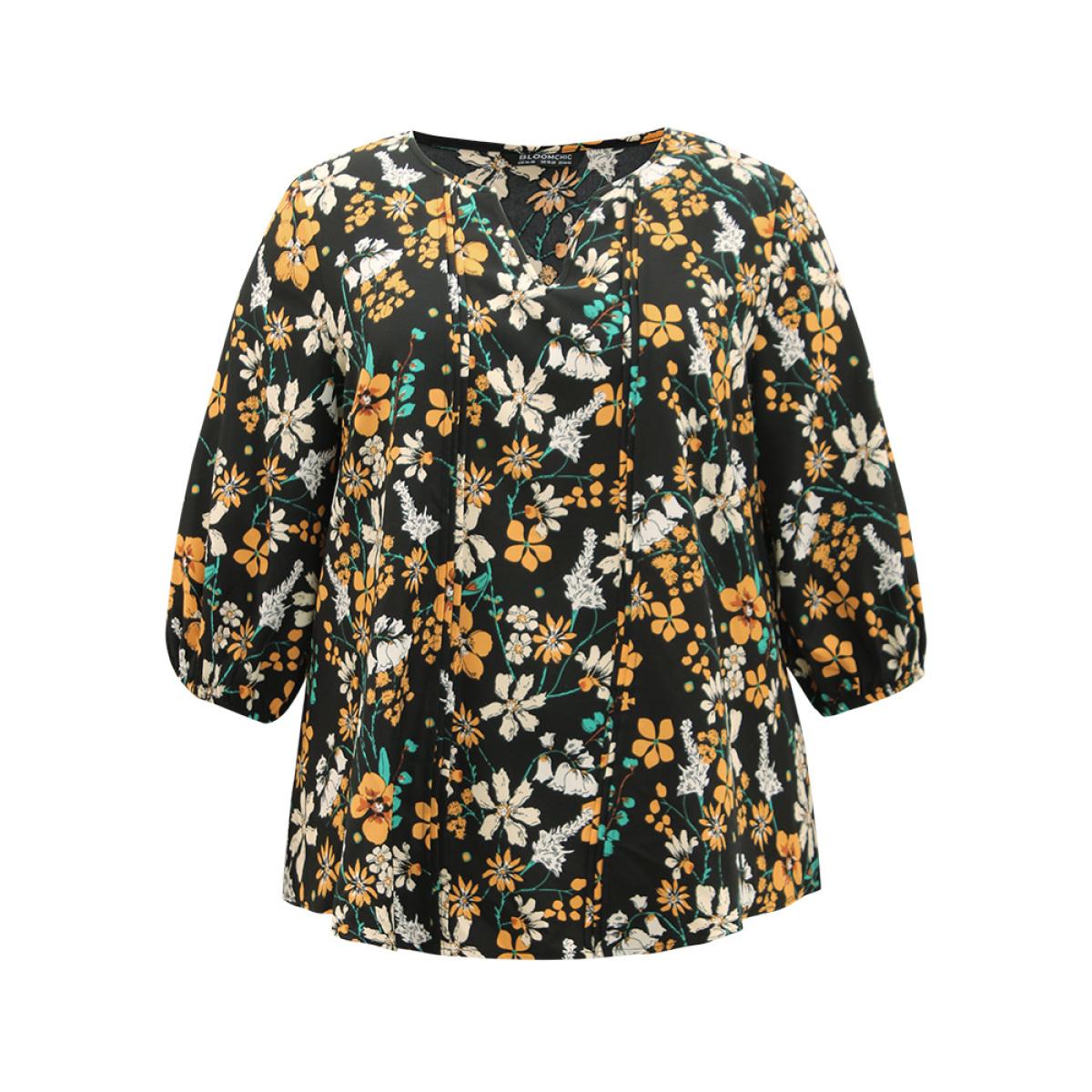 Plus Size Black Floral Print Pleated Notched Lantern Sleeve Blouse Women Elegant Elbow-length sleeve Notched collar Dailywear Blouses BloomChic 10/M Product Image
