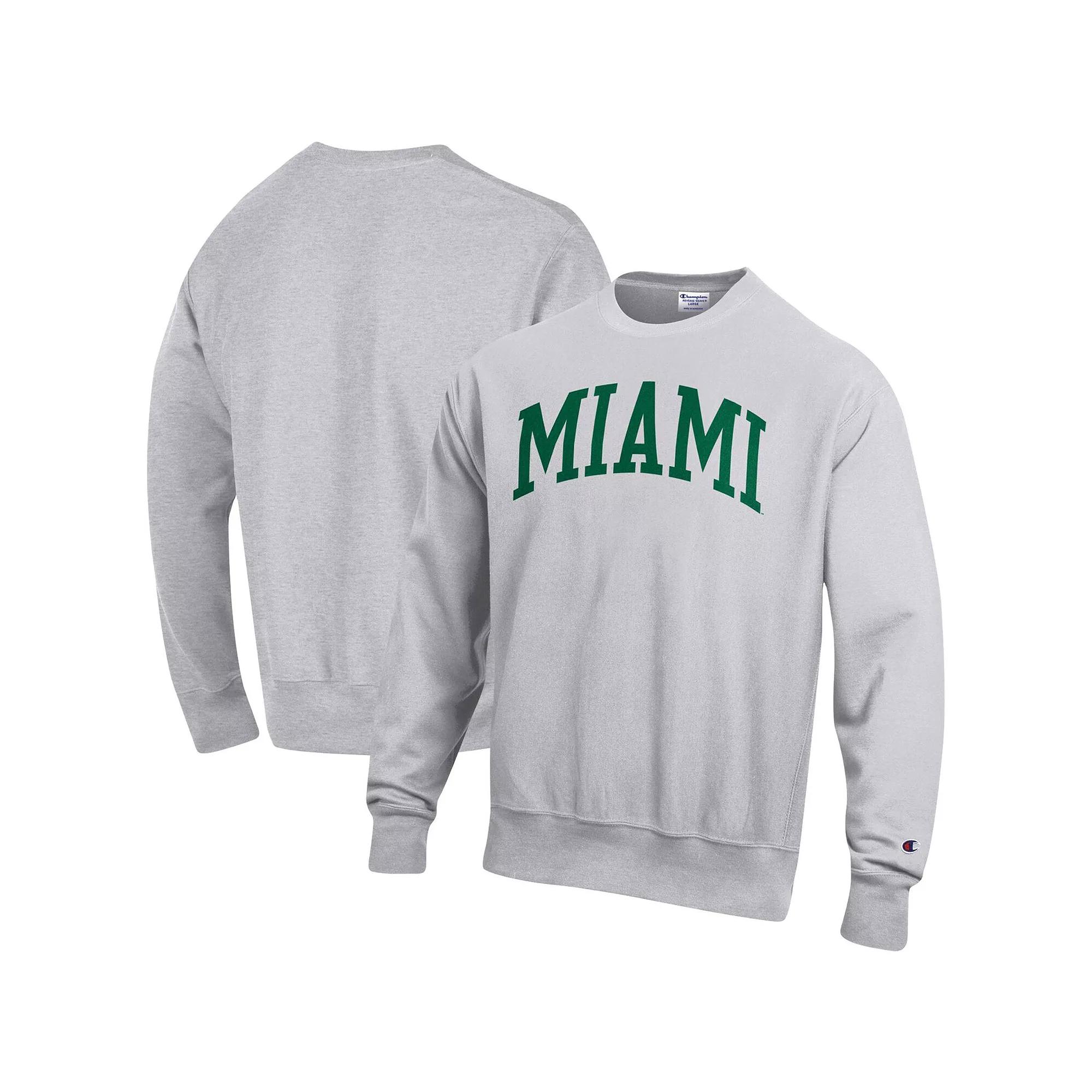 Men's Champion Heathered Gray Miami Hurricanes Big & Tall Reverse Weave Fleece Crewneck Pullover Sweatshirt, Size: XLT, Grey Product Image