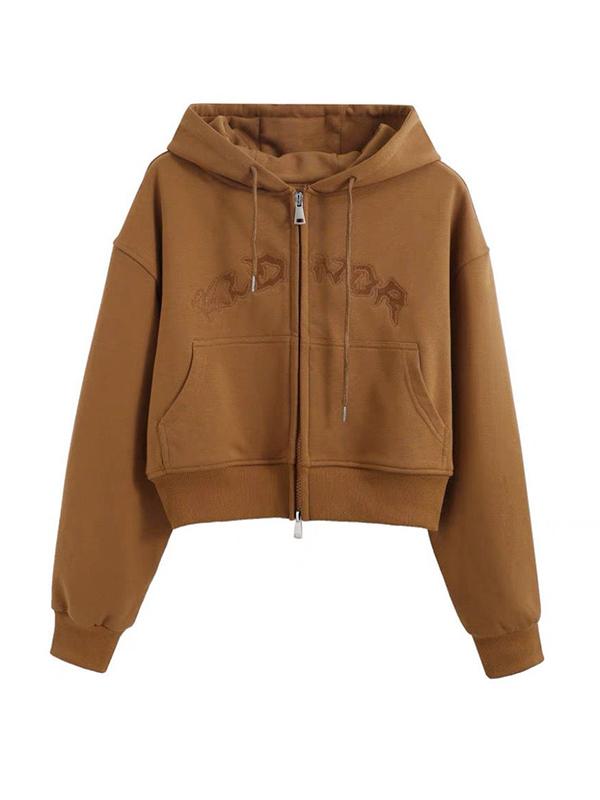 Letter Embroidery Double Zipper Short Oversized Hoodie Product Image
