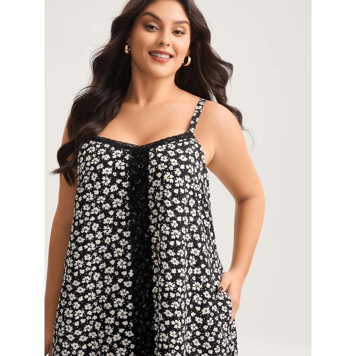 Plus Size Floral Lace Front Flowy Midi Dress BlackFlower Women Non Sleeveless Curvy BloomChic 14-16/1X Product Image