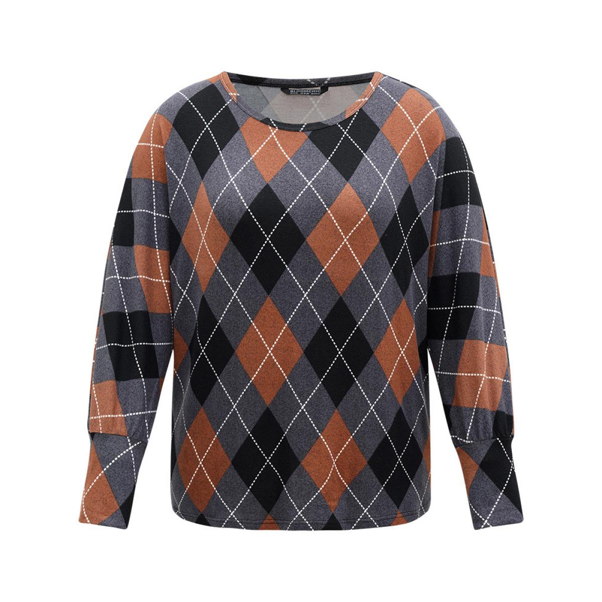 Plus Size Plaid Contrast Round Neck Dolman Sleeve T-shirt Multicolor Women Casual Contrast Plaid Round Neck Festival-Christmas T-shirts BloomChic 18-20/2X Product Image