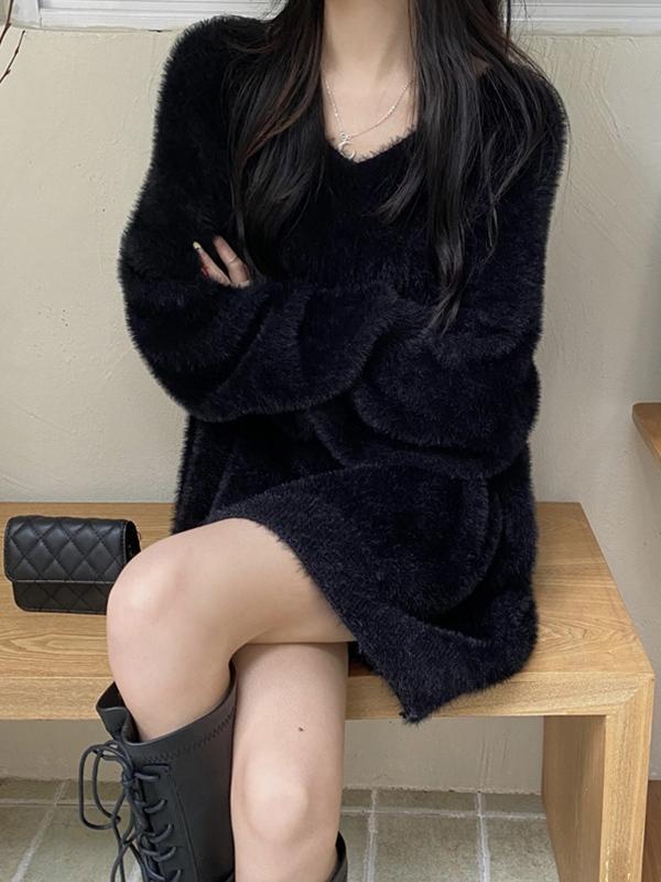 Solid V Neck Fuzzy Loose Sweater Product Image
