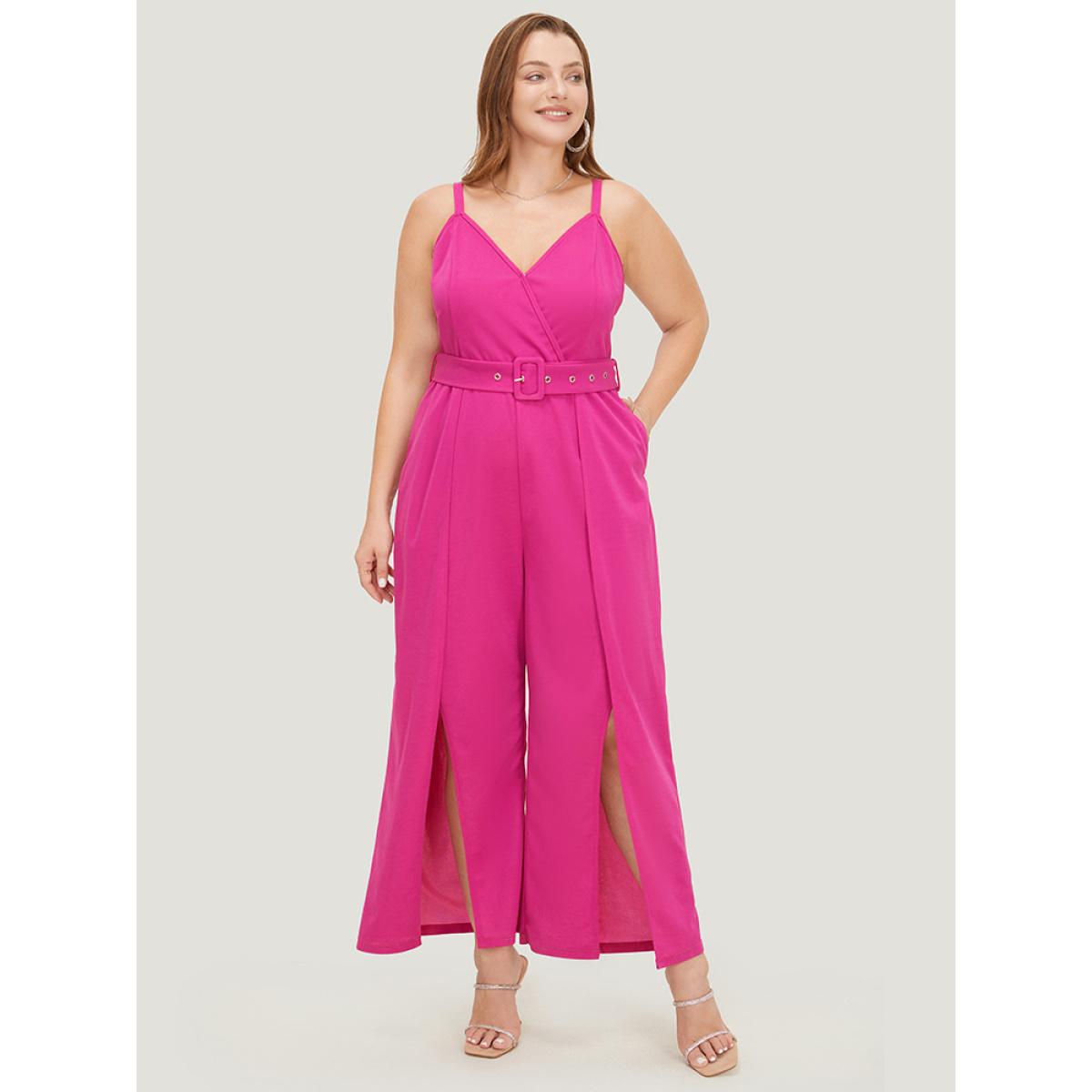 Plus Size Magenta Plain Pocket Wrap Buckle Belt Jumpsuit Women Glamour Sleeveless Spaghetti Strap Going out Loose Jumpsuits BloomChic 26/4X Product Image