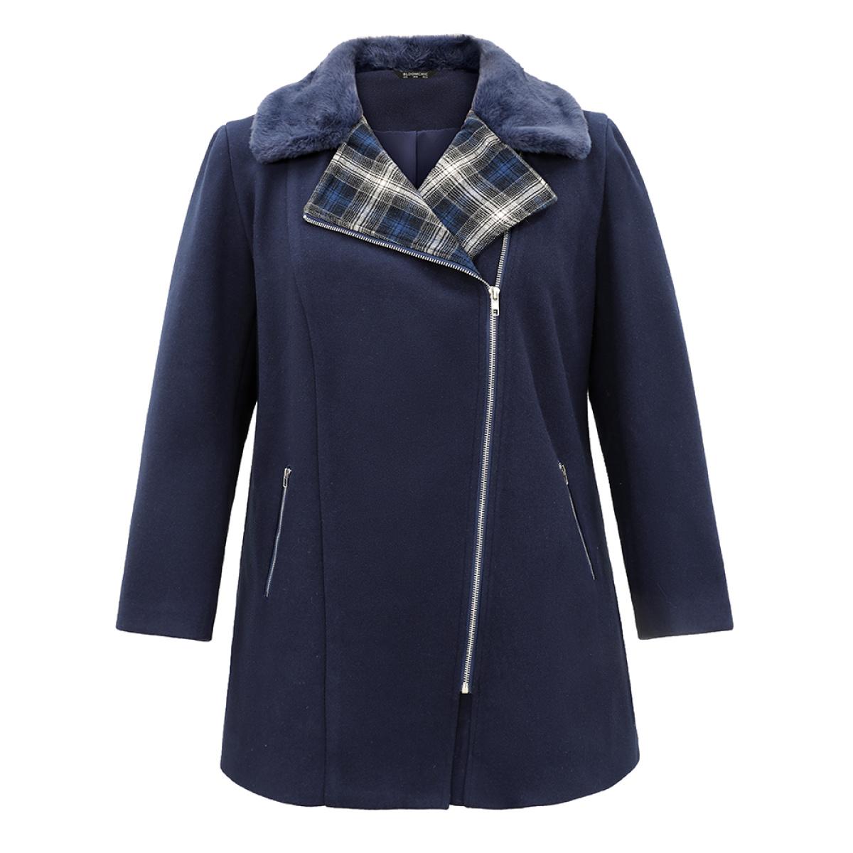 Plus Size Plaid Asymmetrical Lapel Collar Patchwork Fuzzy Trim Coat Women Indigo Casual Lined Ladies Dailywear Winter Coats BloomChic 14-16/1X Product Image