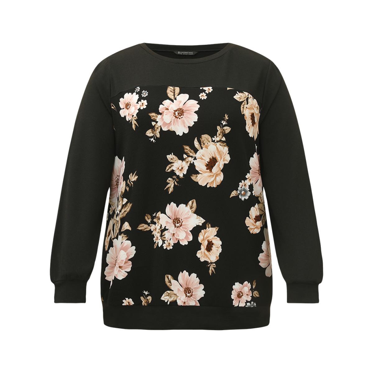 Plus Size Floral Print Patchwork Round Neck Sweatshirt Women Black Elegant Patchwork Round Neck Dailywear Sweatshirts BloomChic 10/M Product Image