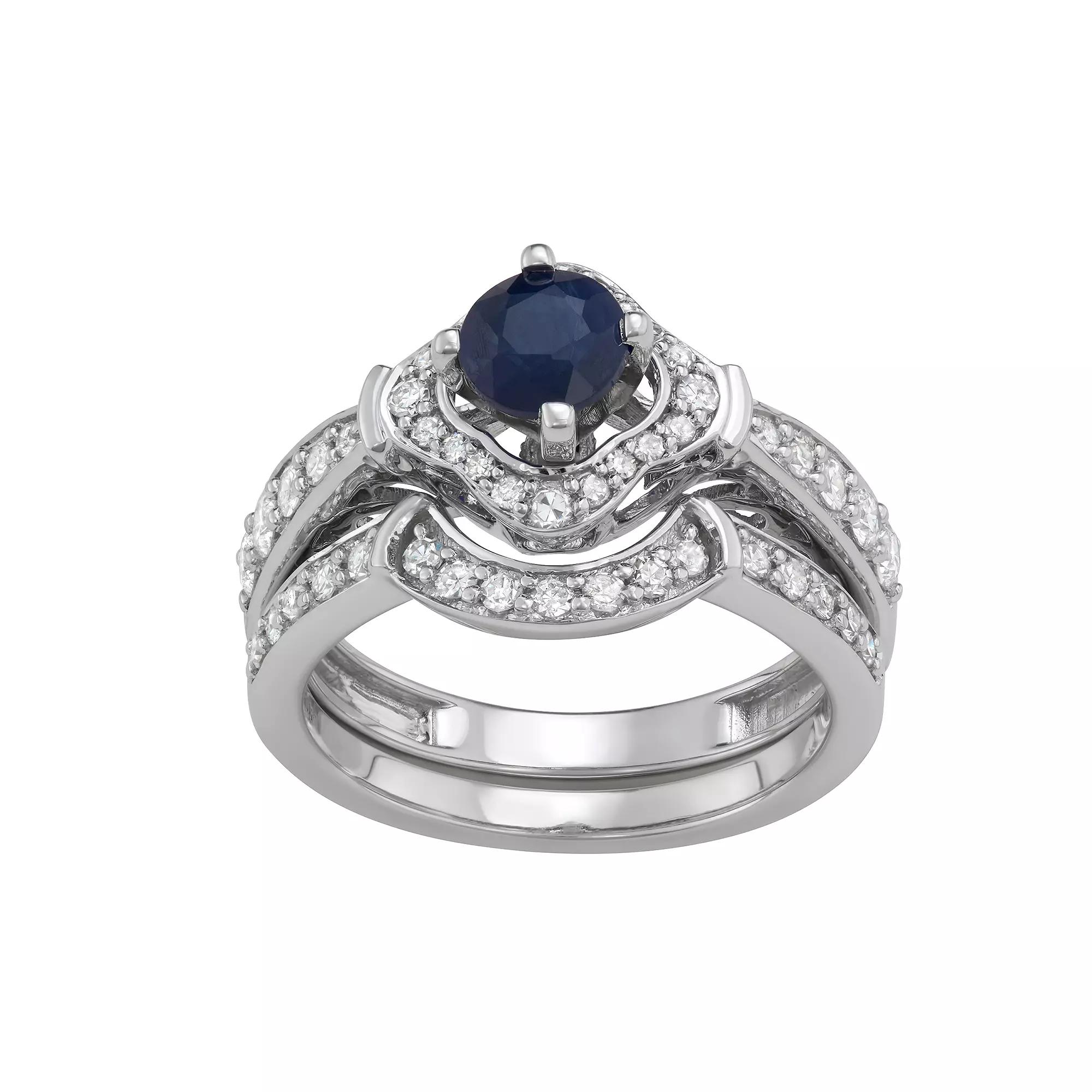 14k White Gold 1/2 Carat T.W. Diamond & Gemstone Halo Engagement Ring Set, Women's, Size: 5, Blue Blue Product Image