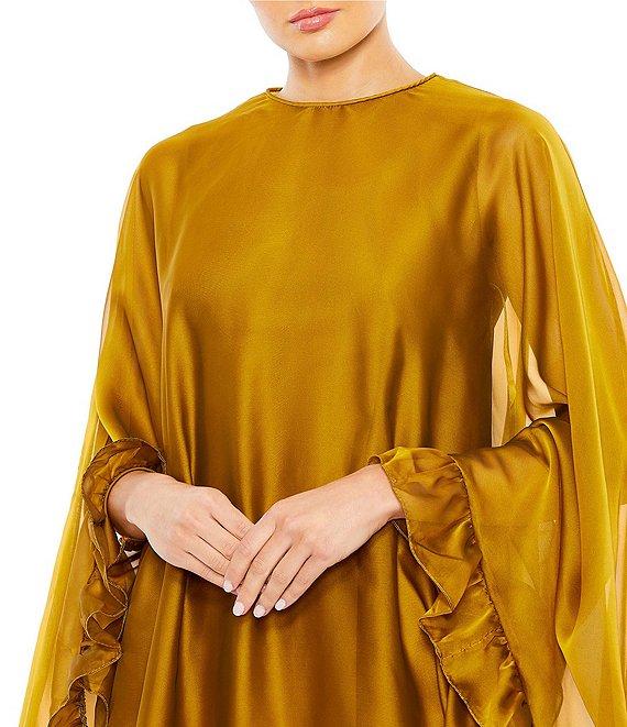 Mac Duggal Crew Neck Ruffle Hem Long Cape Sleeve Waistless Mini Dress Product Image