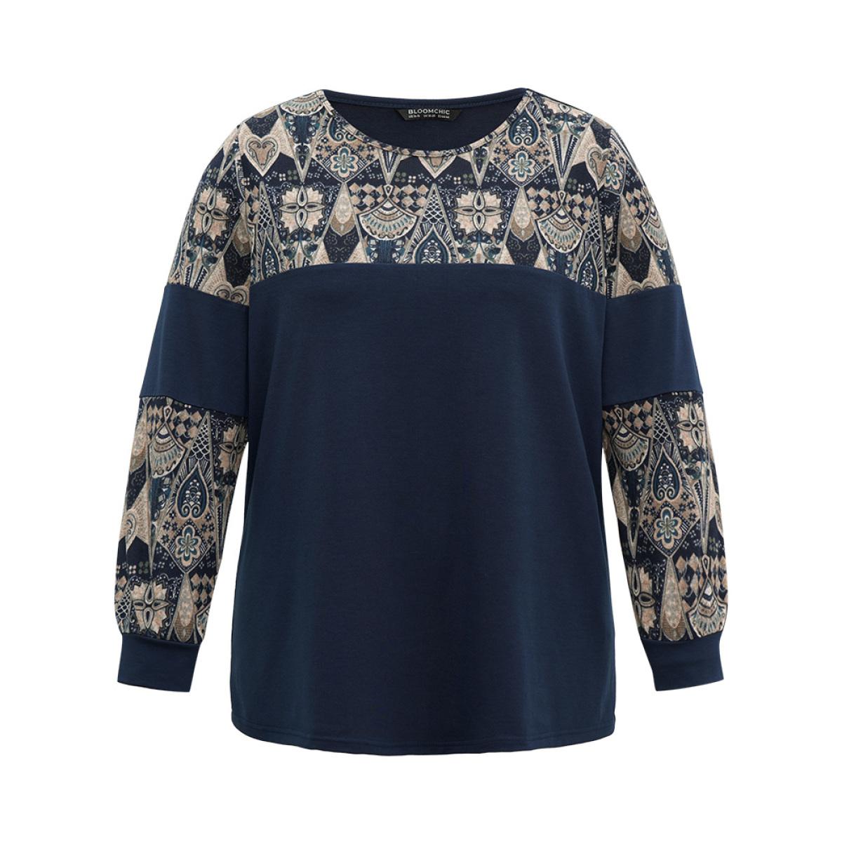 Plus Size Boho Print Patchwork Round Neck Sweatshirt Women DarkBlue Casual Printed Round Neck Dailywear Sweatshirts BloomChic 14-16/1X Product Image