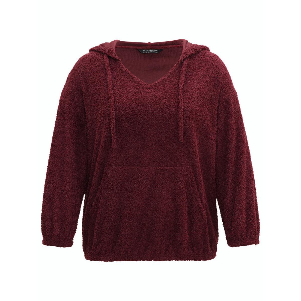 Plus Size Fuzzy Solid Hooded Pocket Ties Sweatshirt Women Burgundy Casual Elastic cuffs Hooded Dailywear Sweatshirts BloomChic 18-20/2X Product Image