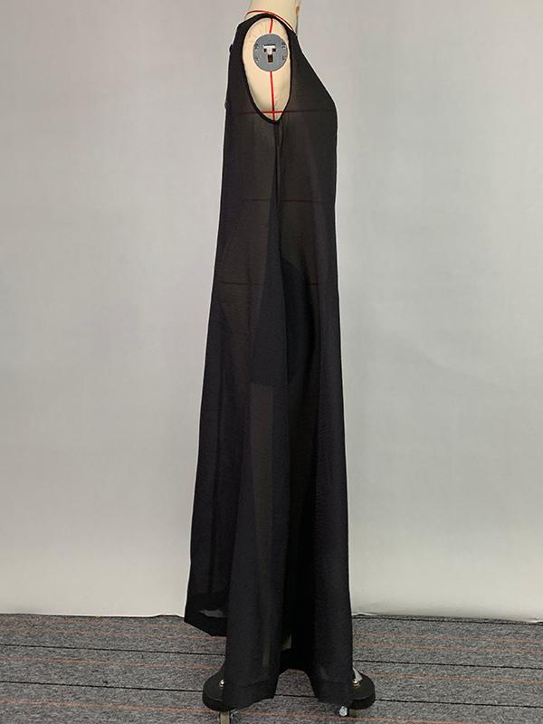 A-Line Loose Pockets See-Through Solid Color Round-Neck Cover-Up Midi Dresses Product Image
