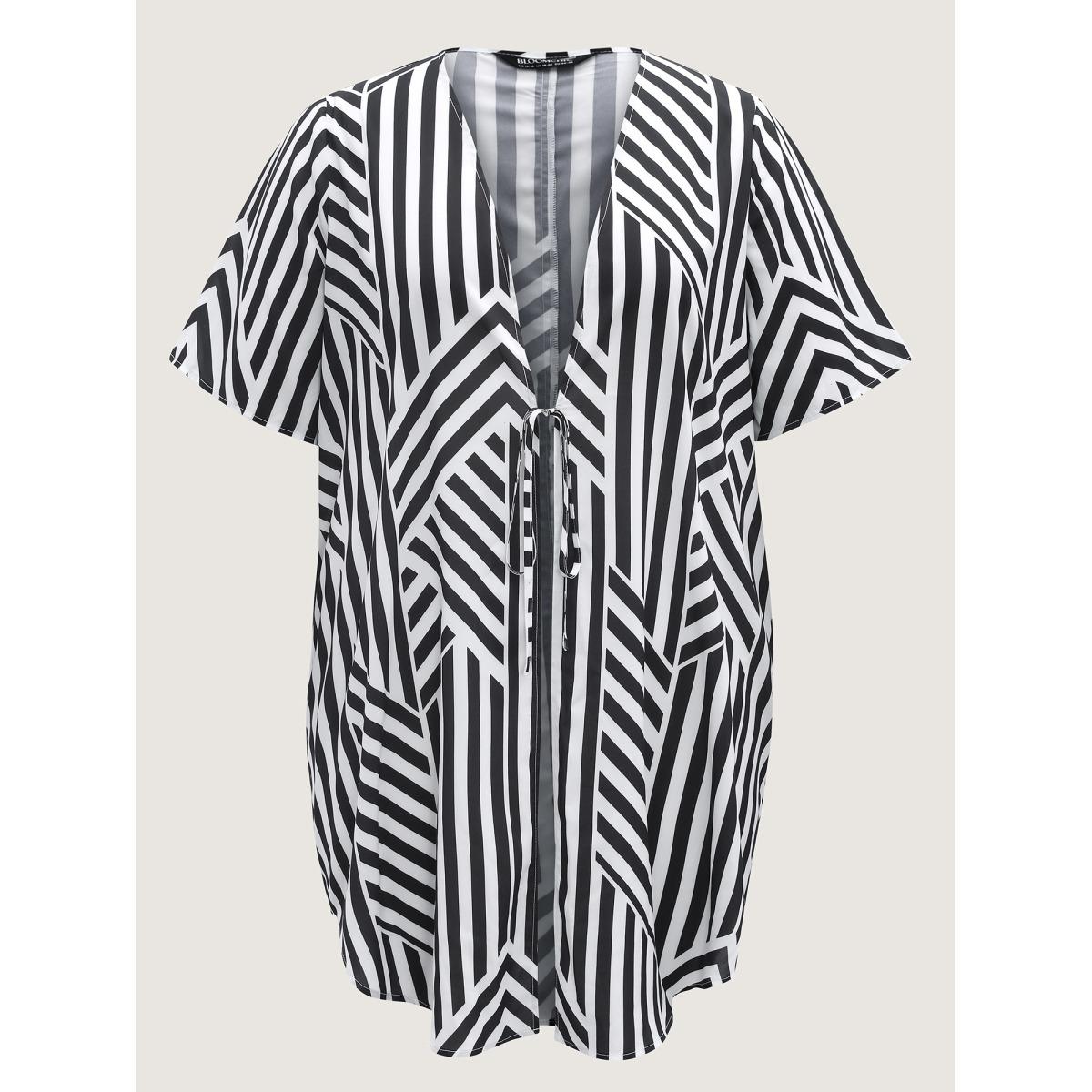 Plus Size Asymmetrical Stripes Front-Tie Kimono Women Black Tie knot Loose Vacation Kimonos BloomChic 10/M Product Image