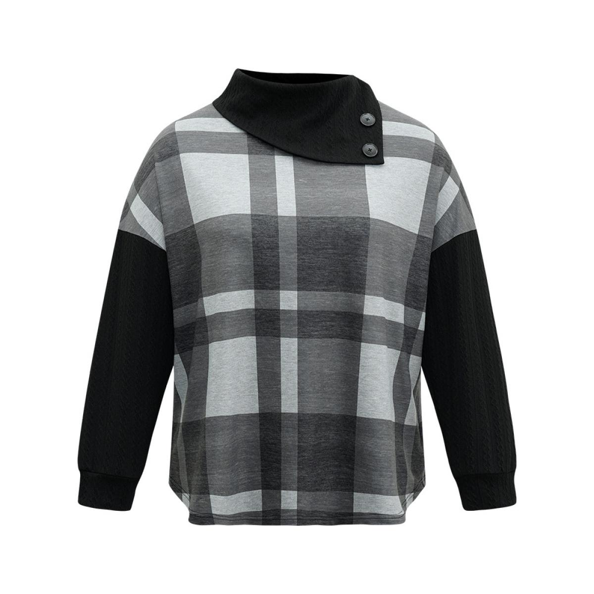 Plus Size Plaid Patchwork Mock Neck Button Detail Sweatshirt Women Black Casual Contrast Mock Neck Dailywear Sweatshirts BloomChic 12/L Product Image