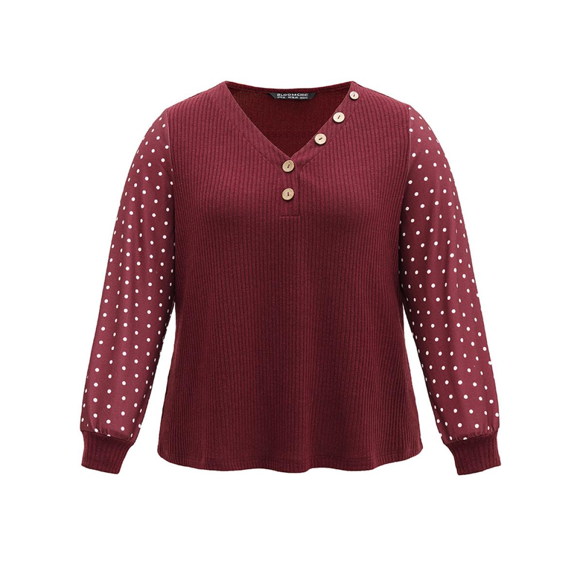 Plus Size Polka Dot Patchwork Button Detail Rib Knit T-shirt Burgundy Women Casual Texture Polka Dot V-neck Dailywear T-shirts BloomChic 30/6X Product Image