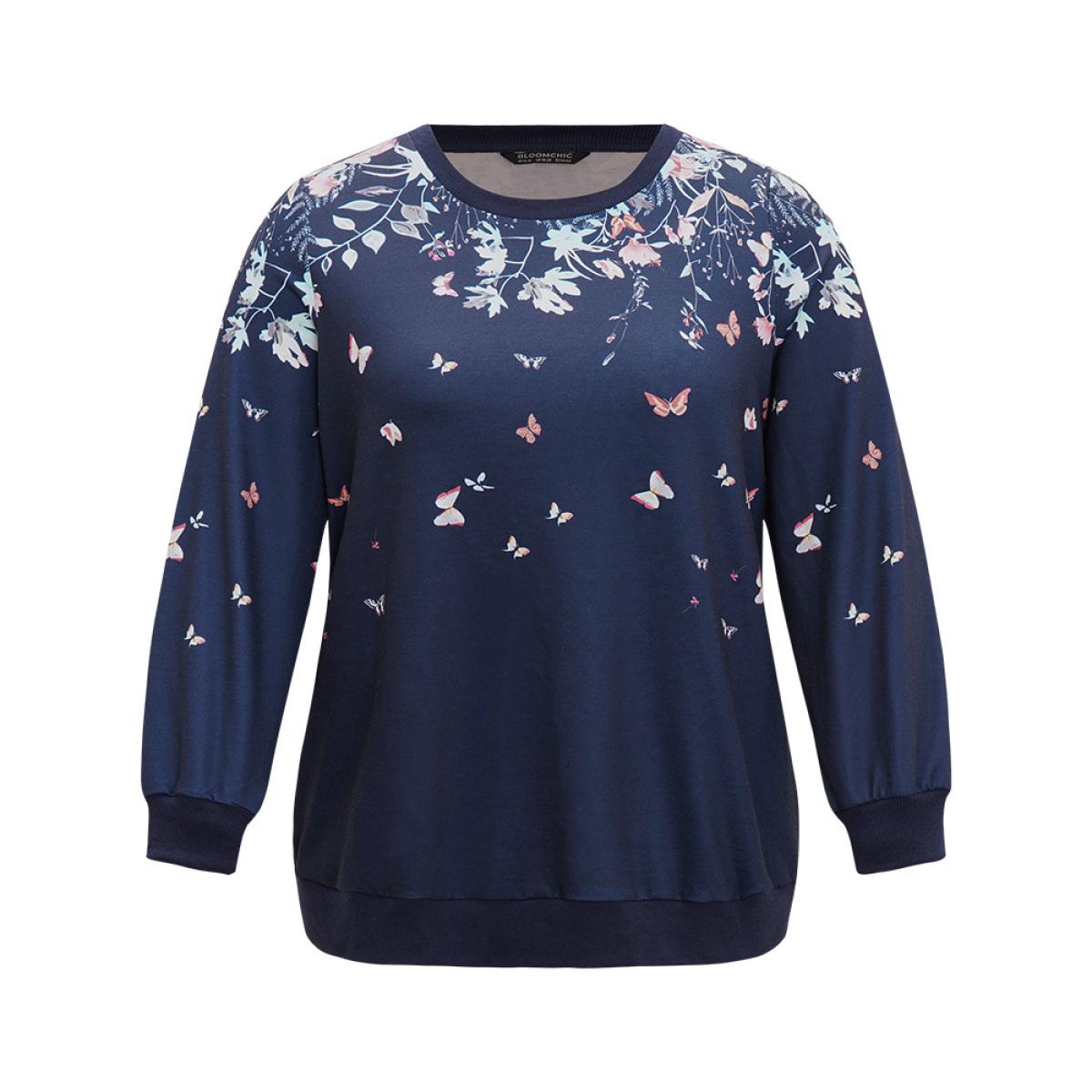 Plus Size Boho Print Elastic Cuffs Round Neck Sweatshirt Women Blue Elegant Elastic cuffs Round Neck Dailywear Sweatshirts BloomChic 30/6X Product Image