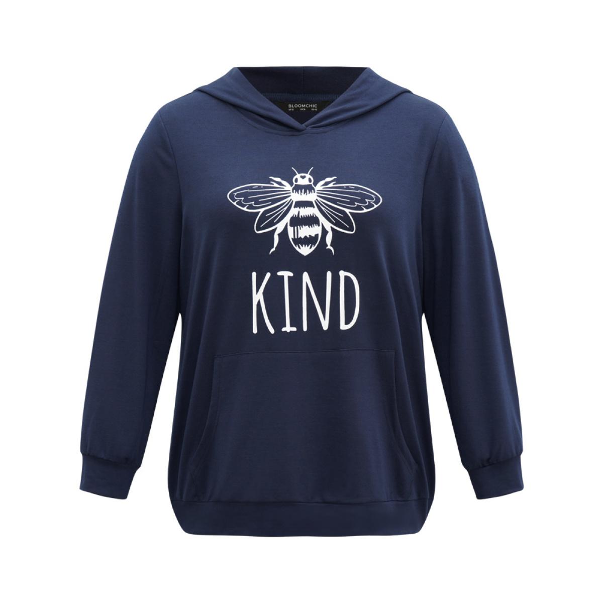 Plus Size Bee Print Hooded Kangaroo Pocket Sweatshirt Women Indigo Casual Printed Everyday Sweatshirts BloomChic 26/4X Product Image