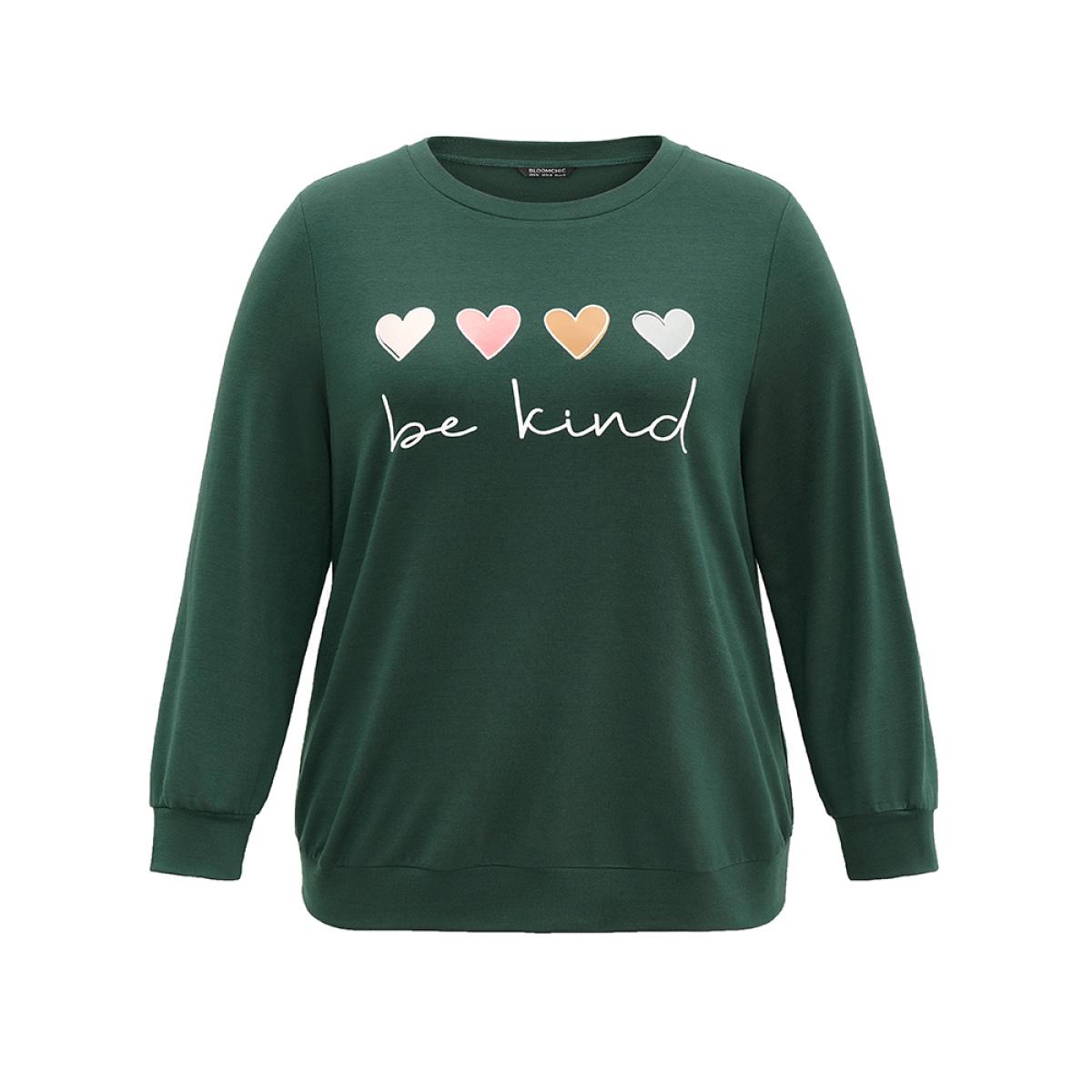 Plus Size Slogans Heart Print Round Neck Sweatshirt Women DarkGreen Casual Printed Dailywear Sweatshirts BloomChic 12/L Product Image