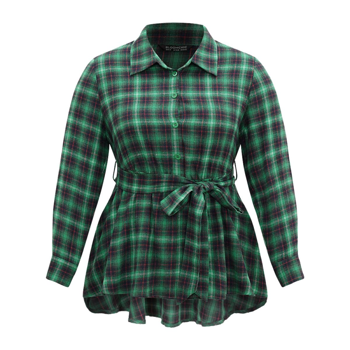 Plus Size Green Shirt Collar Plaid Belted High Low Hem Blouse Women Elegant Long Sleeve Shirt collar Festival-Christmas Blouses BloomChic 14-16/1X Product Image