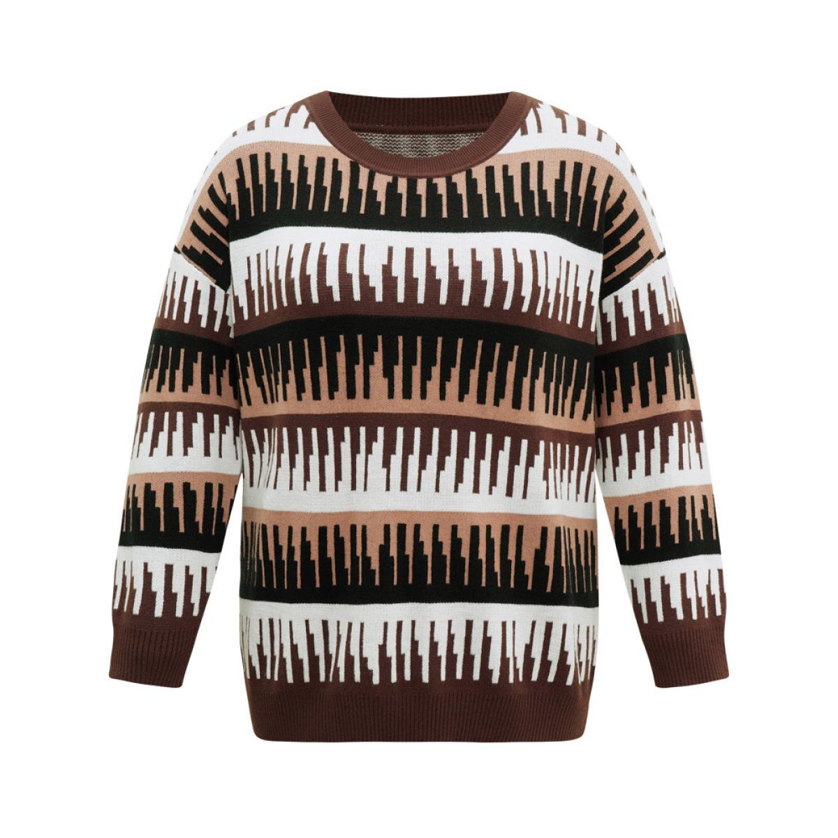 Plus Size Supersoft Essentials Colorblock Geo Elastic Cuffs Pullover DarkBrown Women Casual Loose Long Sleeve Round Neck Dailywear Pullovers BloomChic 28/5X Product Image