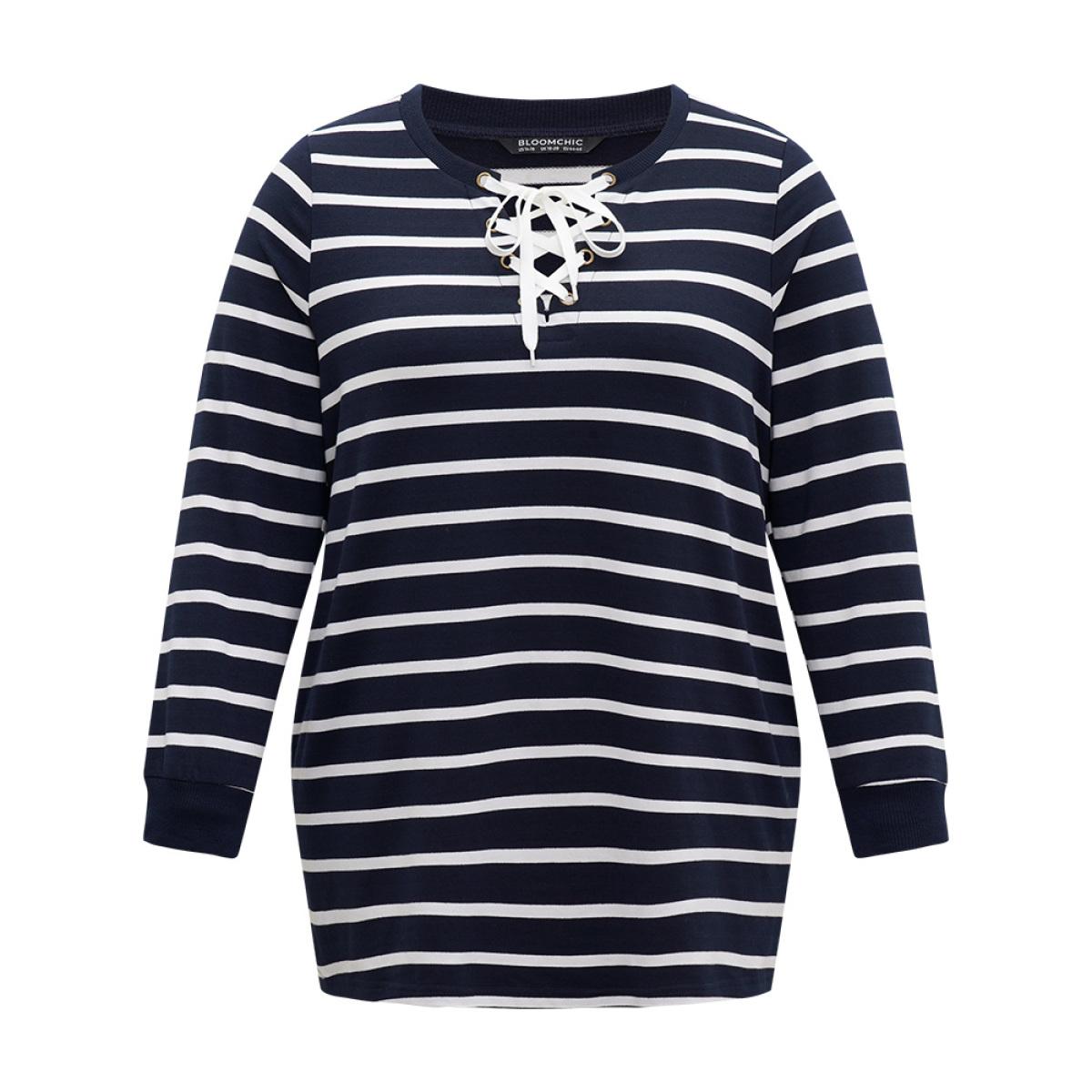 Plus Size Striped Patchwork Pocket Lace Up Sweatshirt Women Indigo Casual Elastic cuffs Notched collar Dailywear Sweatshirts BloomChic 12/L Product Image