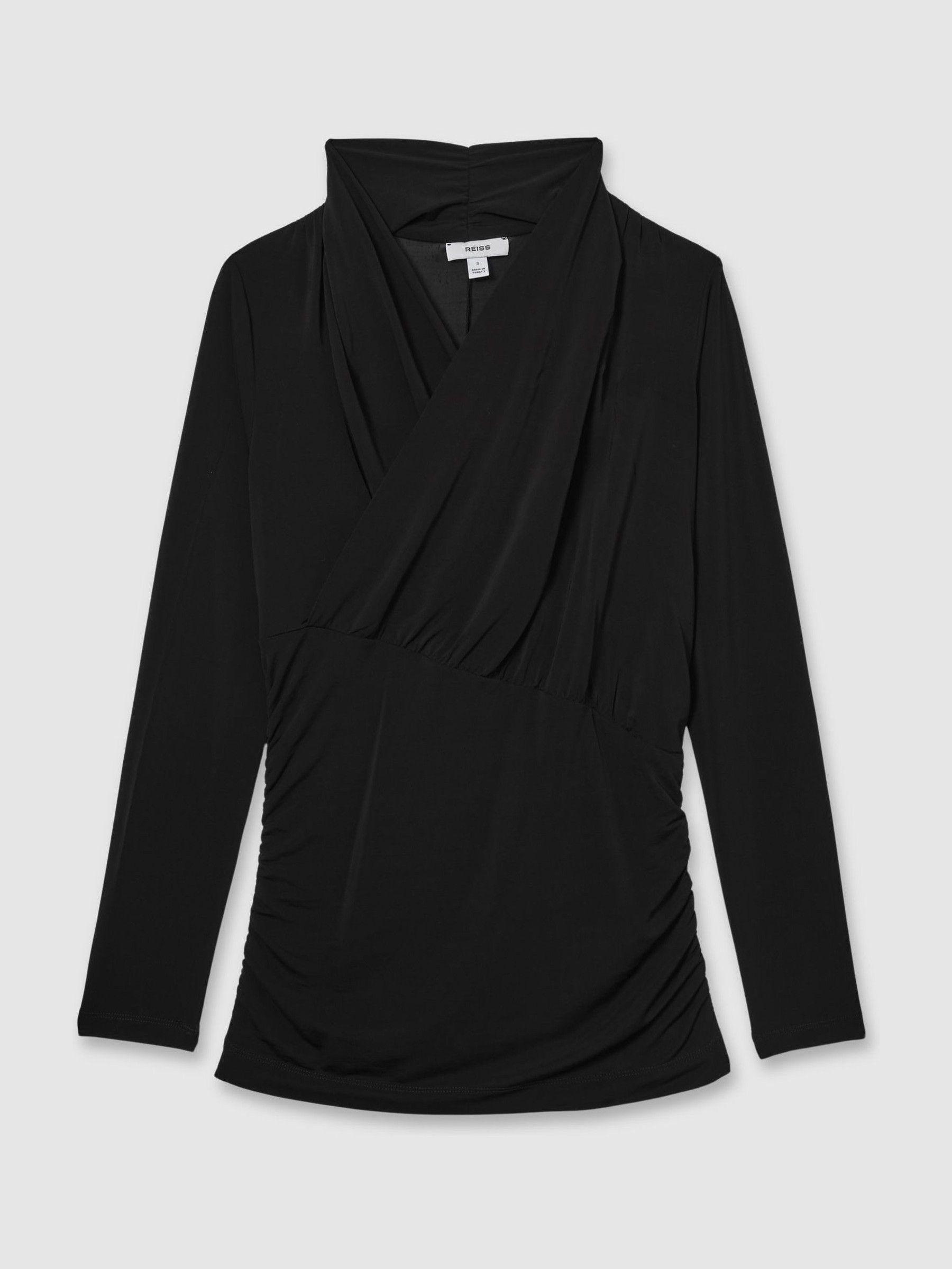 Mesh Wrap-Neck Ruched Top in Black Product Image