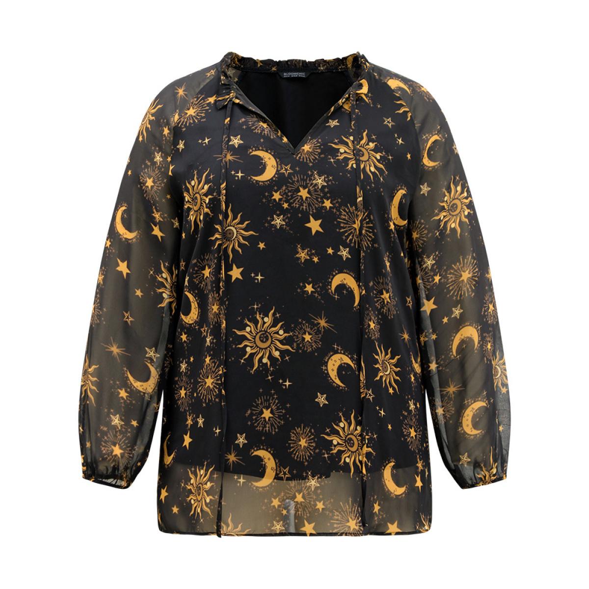 Plus Size Black Halloween Moon & Star Print Tie Neck Mesh Lantern Sleeve Blouse Women Elegant Long Sleeve Tie Neck Festival-Halloween Blouses BloomChic 22-24/3X Product Image