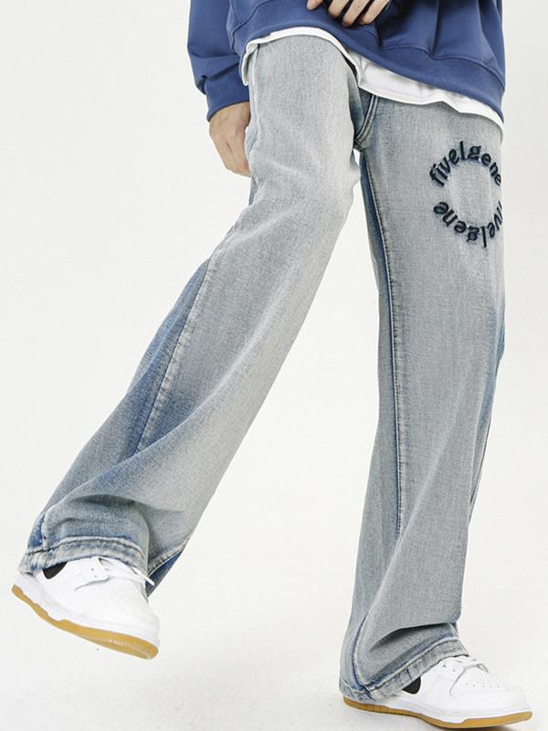 Wash Ombre Letter Embroidery Boyfriend Jeans Product Image