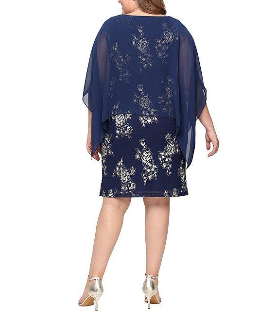 Ignite Evenings Plus Size Foil Print Boat Neck 3/4 Sleeve Chiffon Overlay Sheath Dress Product Image