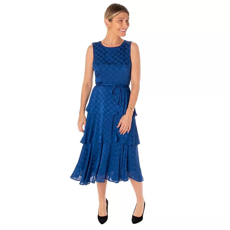 Womens Gabby Skye Sleeveless Dotted Tiered Midi Dress Blue Product Image
