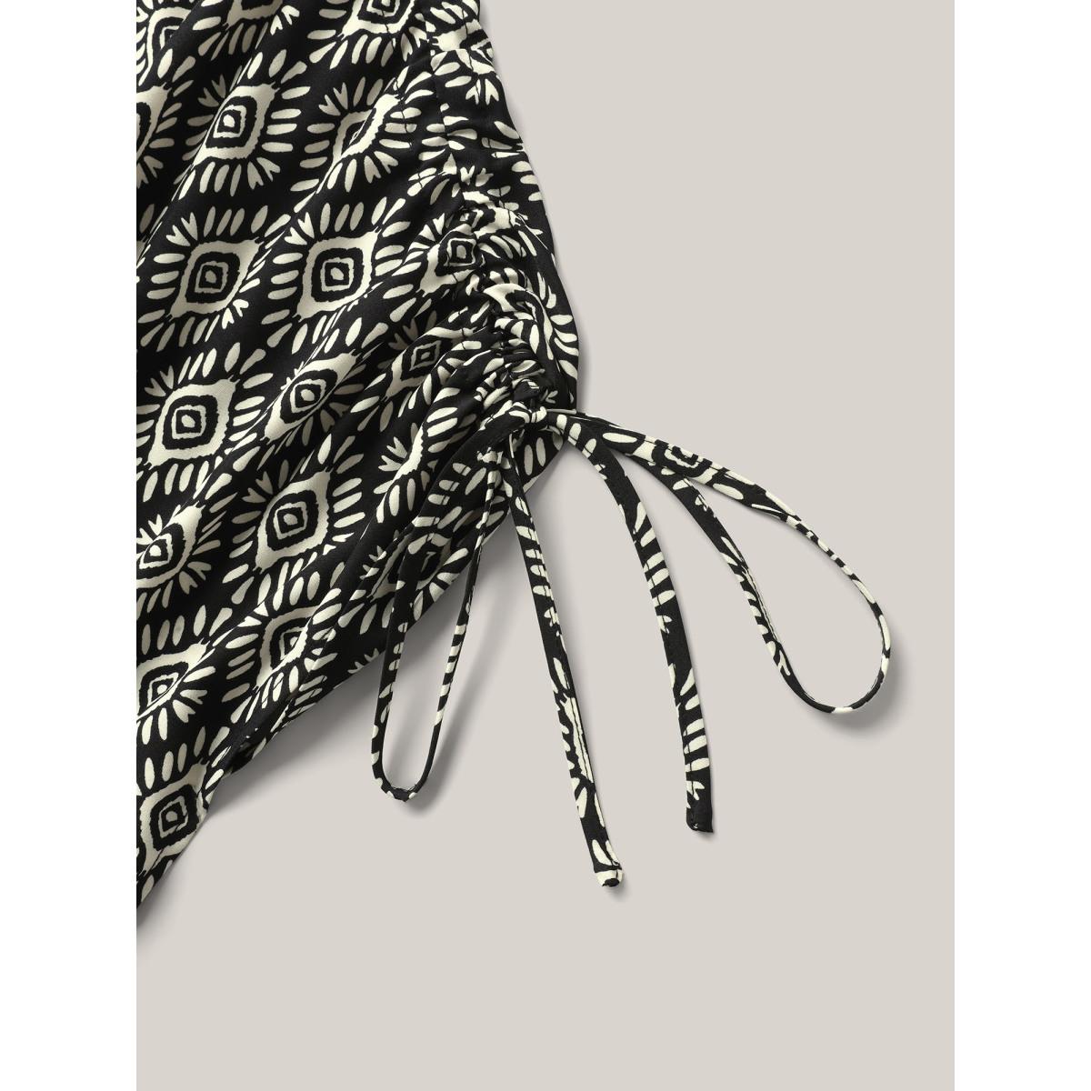 Plus Size Black Boho Print Drawstring Sleeve Blouse Women Cap Sleeve V-neck Vacation Blouses BloomChic 22-24/3X Product Image