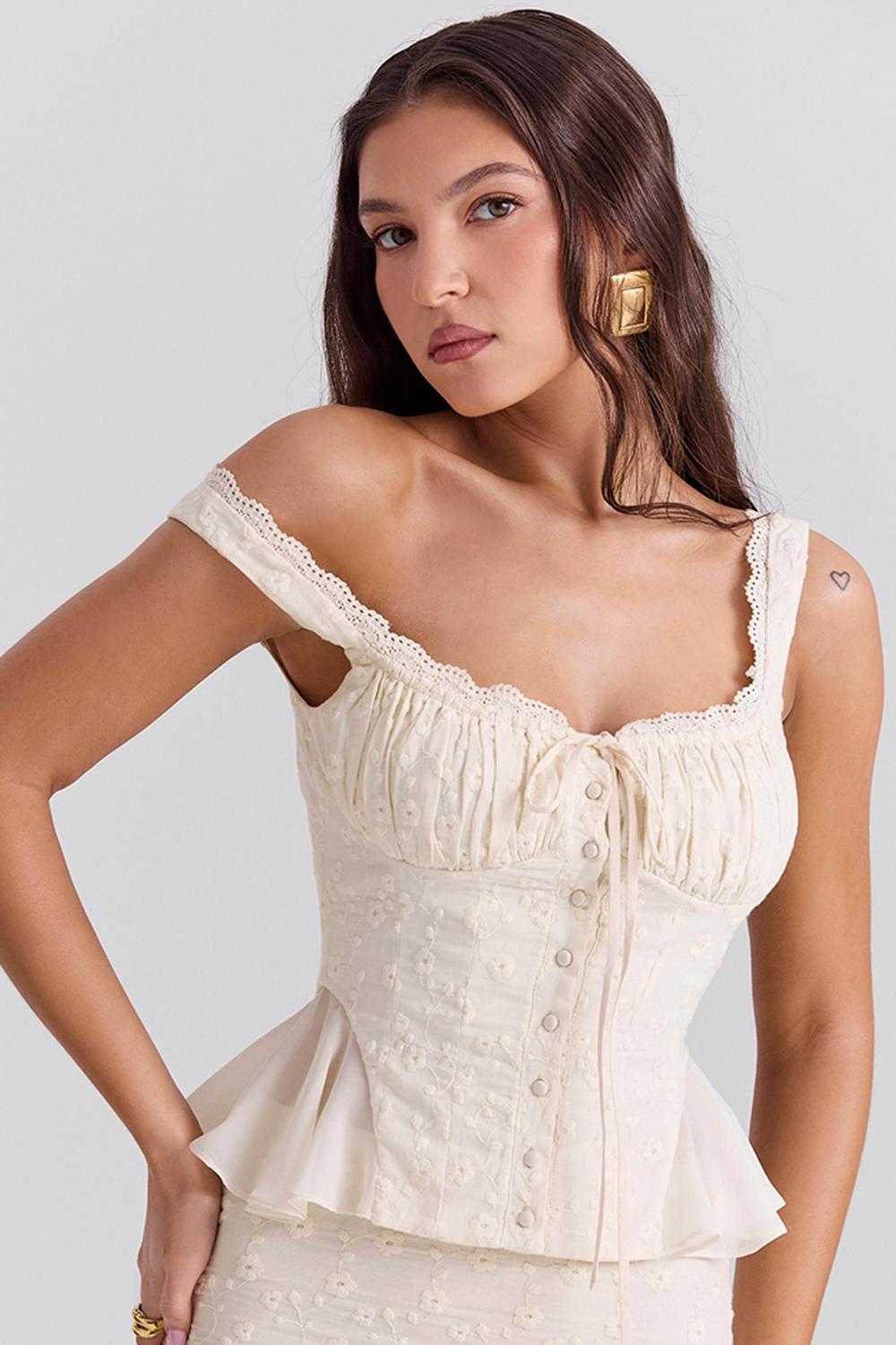 Jean  vintage cream cotton broderie anglais peplum top Product Image